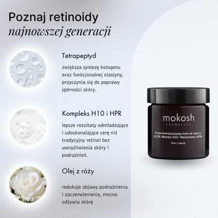 Mokosh Przeciwzmarszczkowy krem do twarzy 0,5% Retinolu H10 i Retinoinianu HPR (Kompleks) Róża z jagodą 
