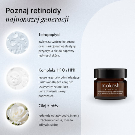 Mokosh Przeciwzmarszczkowy krem do twarzy 0,5% Retinolu H10 i Retinoinianu HPR (Kompleks) Róża z jagodą 
