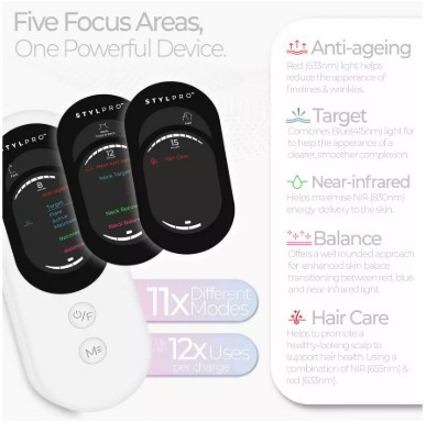 STYLPRO Wavelength Pro LED Mask 5-in-1, maska LED do pielęgnacji skóry twarzy, szyi, dekoltu, pleców i skóry głowy, 548 diod LED
